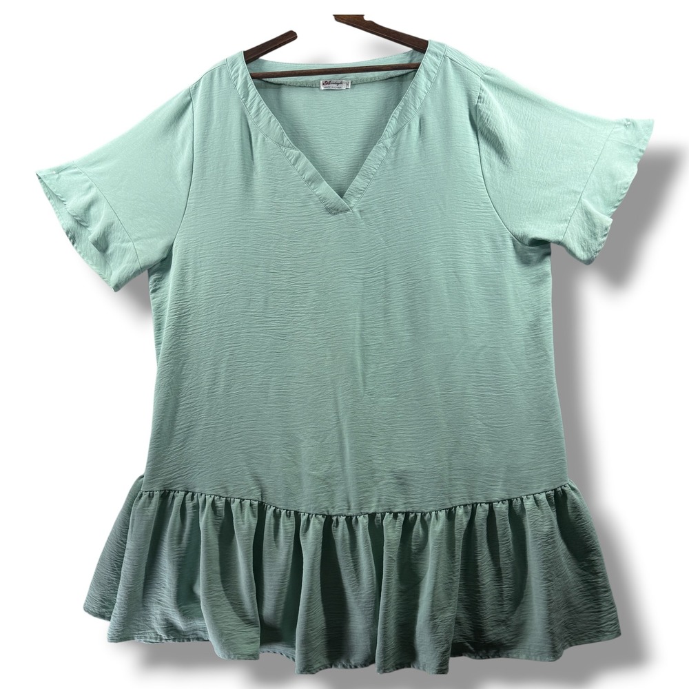 Aoulaydo Women 3XL Sage Green V-Neck Ruffle Hem Tunic Blouse Short Sleeve Top